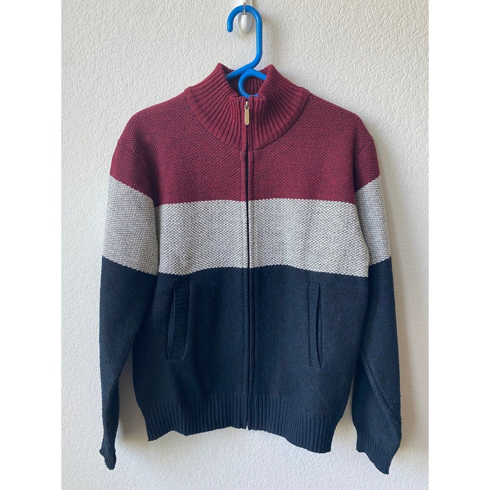 Unbranded Men Colorblock Retro Full Zip Sweater Size M Navy Burgundy Preppy